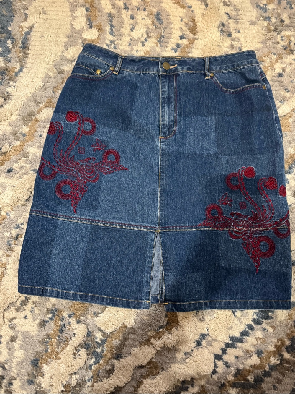Denim Mini Skirt with Red Embroidered Accents